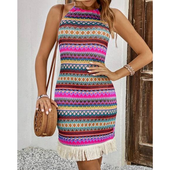 Emery Rose Womens S Rainbow Boho Chevron Print Fringe Halter Dress Festival - Picture 1 of 8